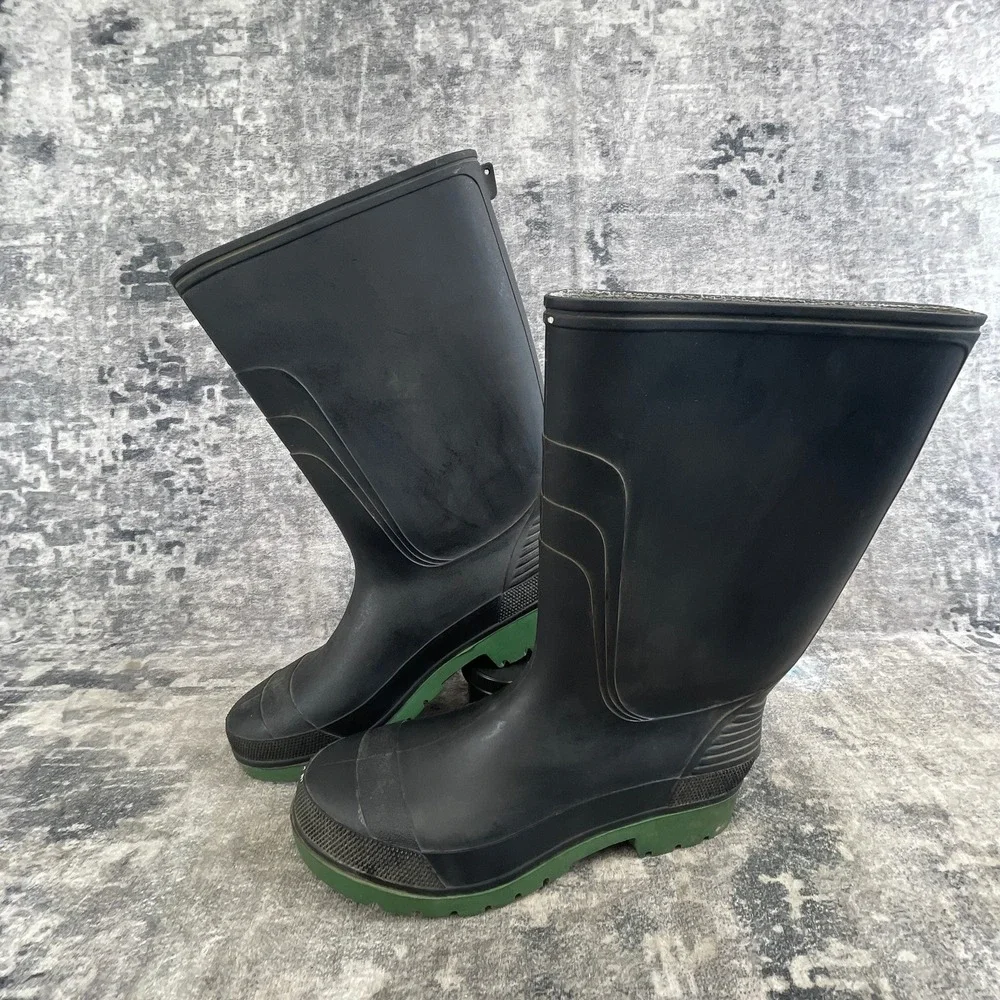 Gumboots Mens 11 Waterproof Boots Black Rubber Green Sole Work Rain Outdoor